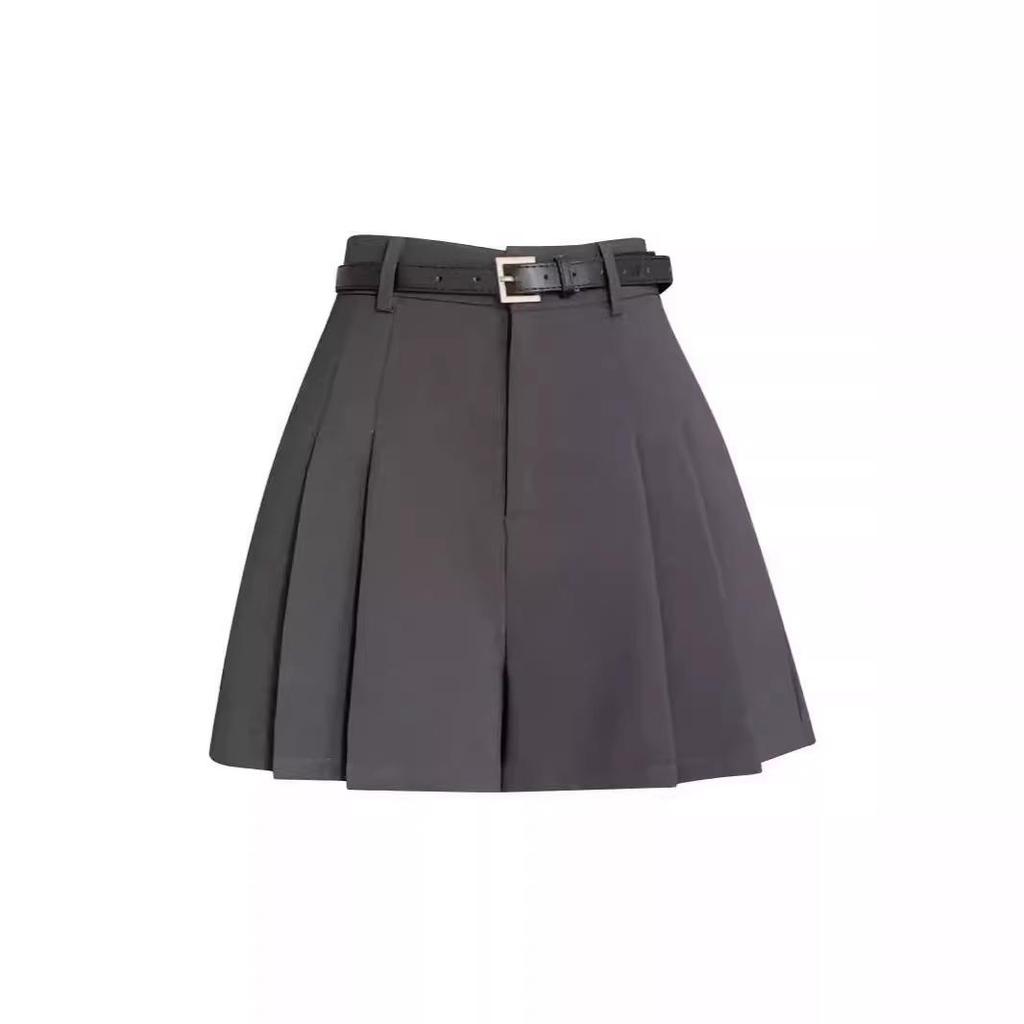Women's Gray High-Waist Pleated Chiffon A-Line Shorts - Summer Slimming Wide-Leg Casual Skirt Pants