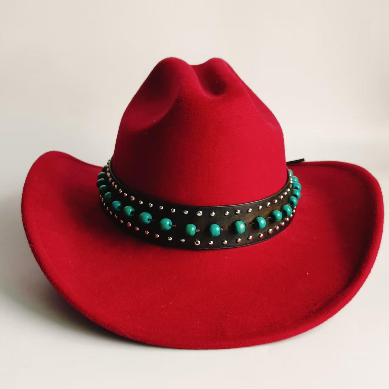 Wide Brim Cowgirl Hat With Turquoise Belt Accessory Western Cowboy Hat For Men Women Travel Fedora Hat Cloche Church Sombrero M56-58