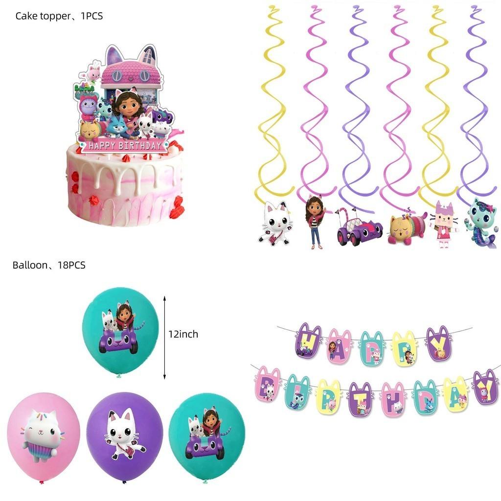 Festive Gabbys Dollhouse Kids Party Decorations With Colorful Balloons Cake Toppers And Flag Banners