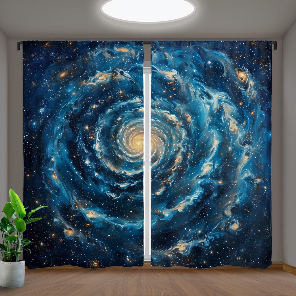 Earth Space Night Milky Way Starry Sky Printed Drape 2 Pieces Thin Children's Curtain for Living Room Bedroom Window Drape Decor