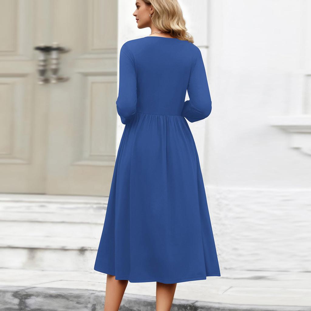 3/4 Sleeve Women's Dress Casual Flowy A,Line Midi Tshirt Dresses With Pockets Crewneck Vocation Boho Beach Sundress