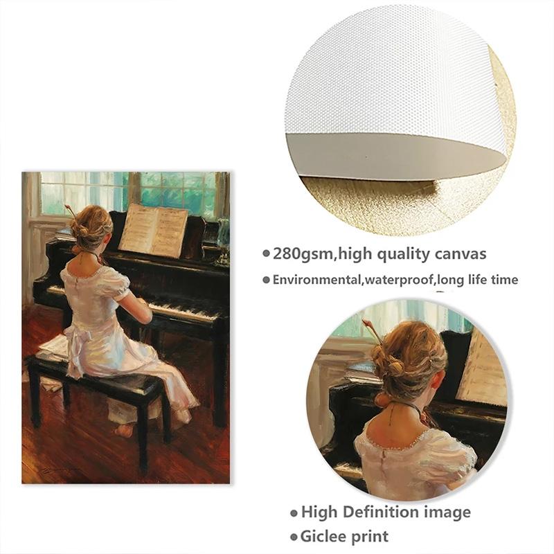 Vintage Girls Play Piano Poster European Figure Canvas Prints Painting Wall Art Picture for Living Room Interior Home Decor