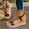 Women Comfortable Beaded Beach Sandals Ankle Strap Open Toed Shoes Wedge Heel Bohemian Style Vintage Outdoor Holiday Sandals