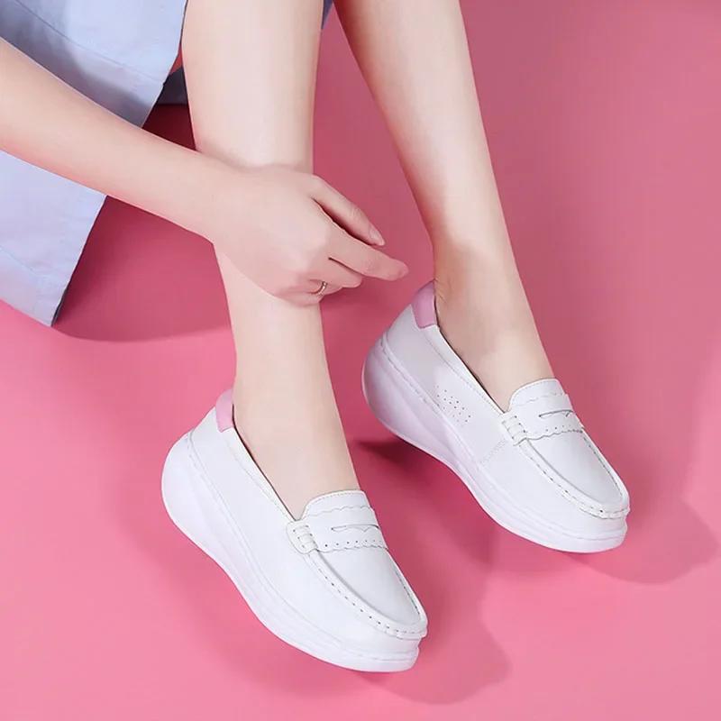 2025 White Genuine Leather Platform Loafers Women Nurse Shoes Round Toe Slip-on Thick Flats Breathable Soft Cowhide Chunky Mujer