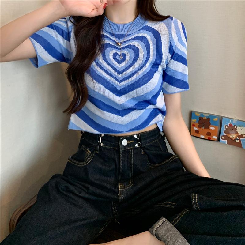Fashion Knit Sweater Women Loose Slim Short Sleeve Love Top Summer Versatile Fashion Short Round Neck Womens Casual Essential Slim Fit Pullovers Tees