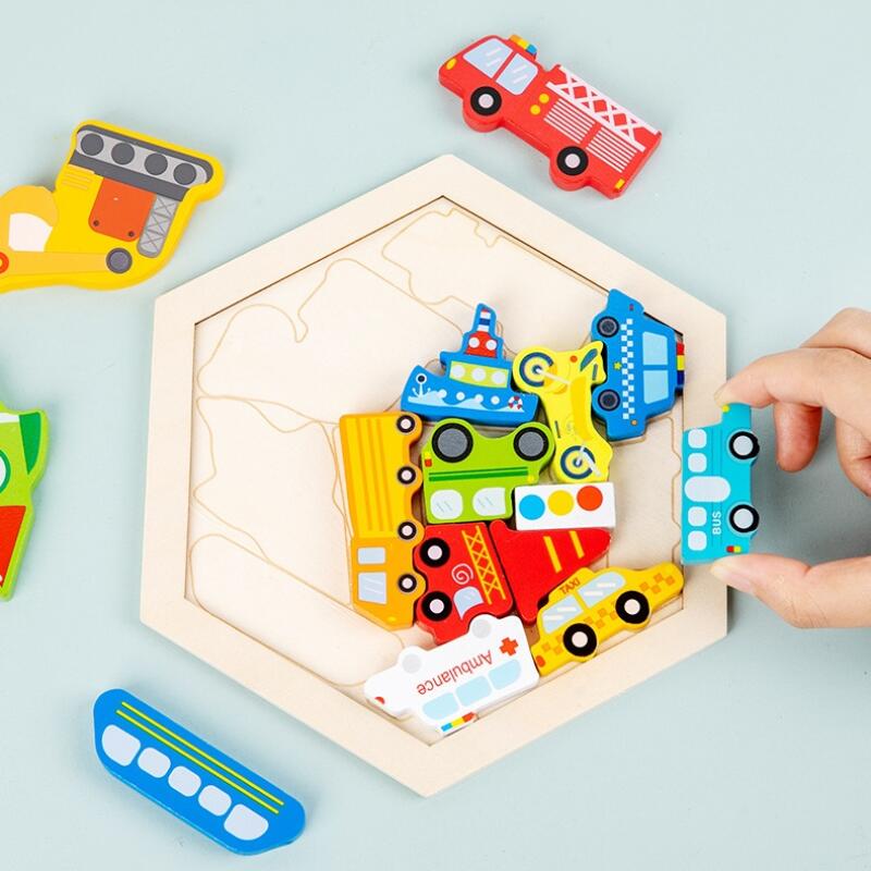 Wooden 3D Puzzle Blocks Montessori Educational Toy Animals Vehicles Fruits Themed Cognitive Development Toddler Brain Game Safe Kids Learning Toy