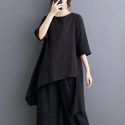 Krátký rukáv Nadměrná velikost Černá vintage Ležérní volné dlouhé topy Dámské letní tričko