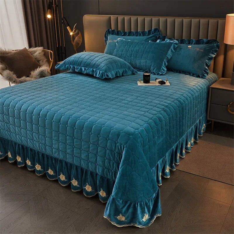 Thick Velvet Bedspread and Pillowcase Queen King Double Coverlet Quilted Soft Bed Sheet Embroidery Ruffle Skirt