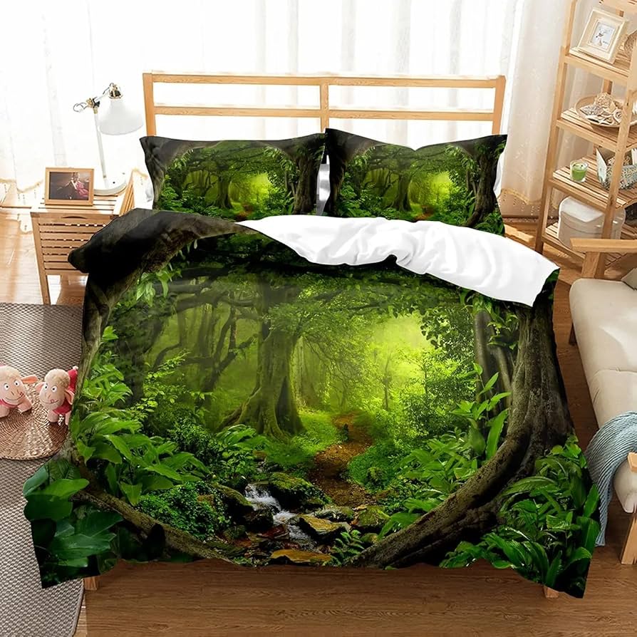 Forest Duvet Cover Magical Woodland Jungle Comforter Cover Dreamy Misty Scene Bedding Set For Girls Boys Full Queen King Size