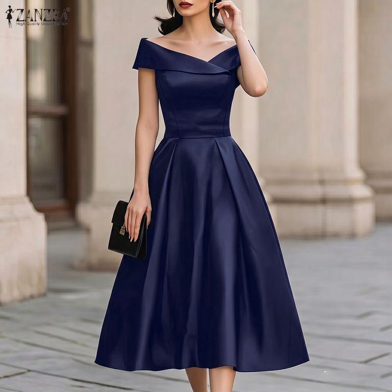 ZANZEA Elegant Women Off Shoulder Casual Sleeveless Long Dress