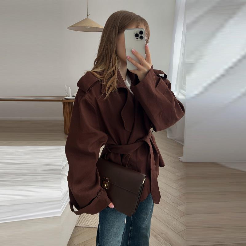 2025 Spring-Autumn Solid Color Belted Short Trench Coat