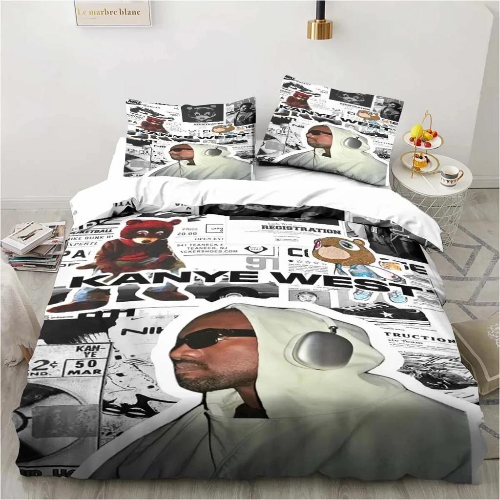 Set de lenjerie de pat Rapper Kanye West Set de pat cuvertură de pilotă Husă de pilota Față de pernă Conversor King Queen Size Set de pat pentru adulți