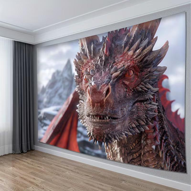 2D Red Fire Dragon Fantasy Wall Tapestry Ice Snow Mountain Scene Wall Hanging for Bedroom Living Room Home Decor