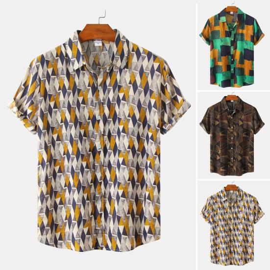Men Shirt Vintage Style Geometric Print Colorful Turn-down Collar Summer Top Male Garment