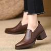 Women Leather Block Heel Slip On Nude Shoes Spring Autumn New Thick Sole Versatile British Style High Heel Commuter Shoes