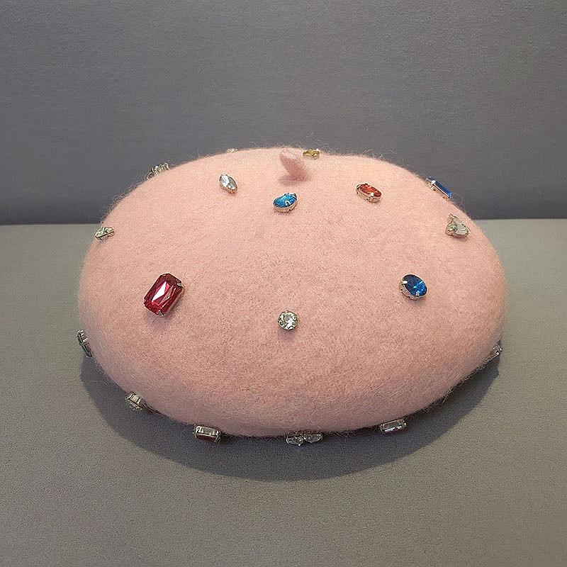 

Шикарный зимний дизайн, красочные стразы, розовая шерстяная женская шляпа-берет, женская шляпа художника head size 57cm