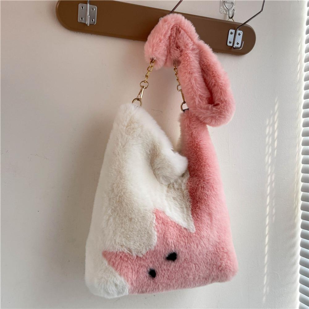 

Корейский стиль Искусственный мех Сумка через плечо Колорблок Сумка-тоут Модная Зимняя Пушистая Сумка Женская розовый