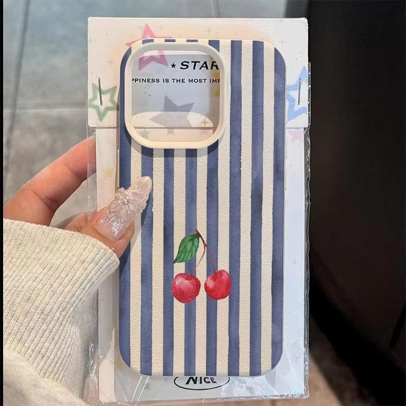 

Blue Striped Cherry Fresh Pattern Phone Case For iPhone 17 Pro Max 16 Plus 15 Pro 14 13 12 11 XR 17Air Lychee Textur Soft Cover iPhone XR