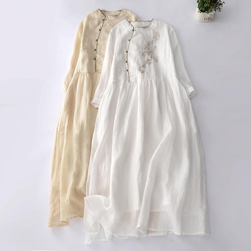 Abito Retro Estivo da Donna 2026 con Scollo Incrociato Ricamato in Cotone e Lino con Collo alla Coreana e Maniche a Tre Quarti