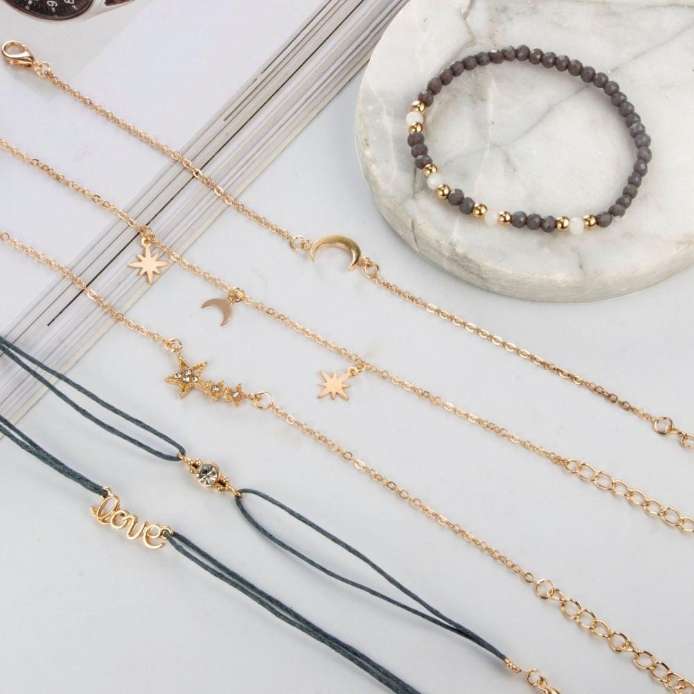 Tocona Bohemia Love Moon Bracelets For Women Charms Bead Gold Star Clear Crystal Stone Letter Rope Jewelry Accessories 6523