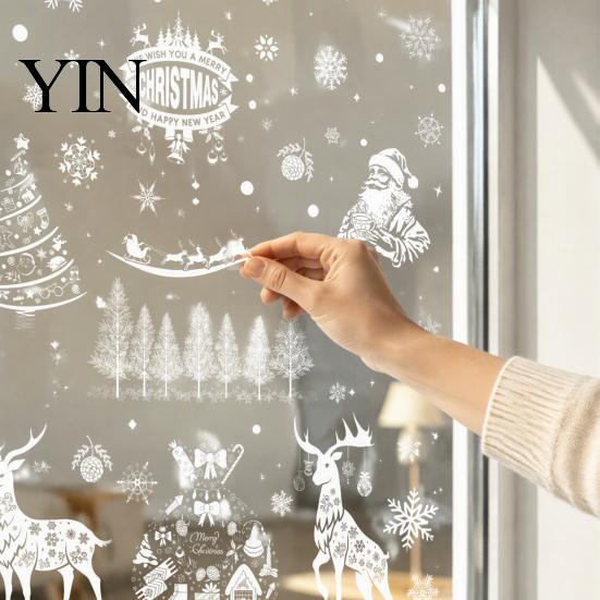 Removable Holiday Glass Decorations 6Pcs Christmas Window Clings, Retro White Line Static Sticker for Snowflake Stickers Decoration, Reusable PVC Elk