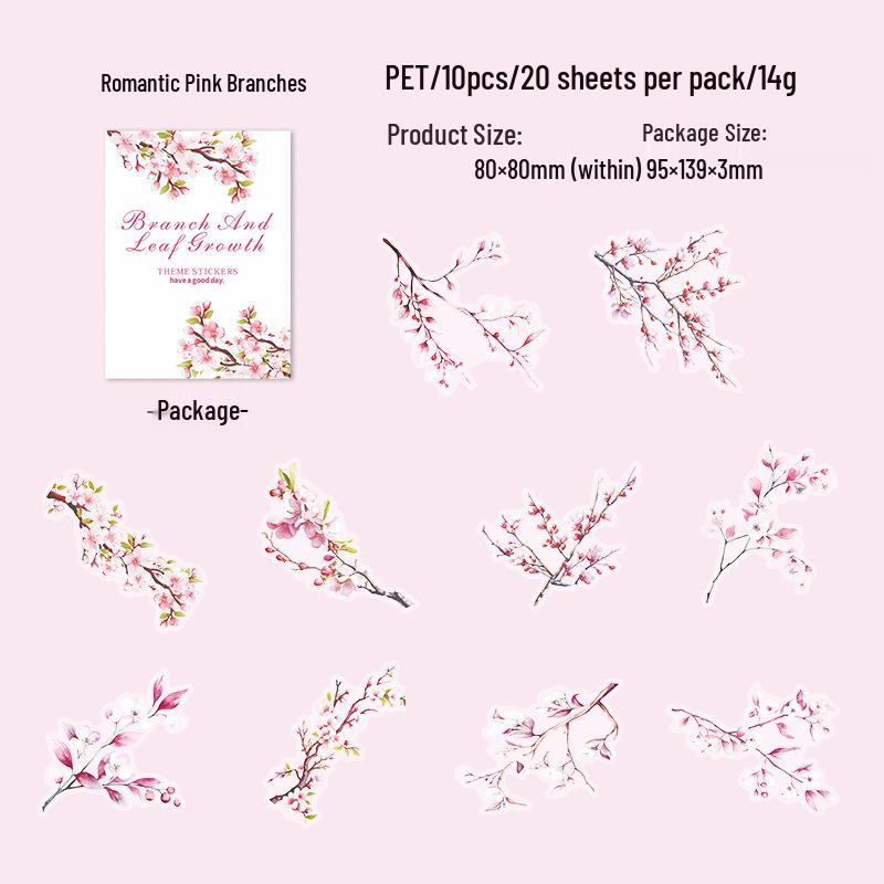 Beautiful Day PET Stickers: Branch & Leaf Growth Series - Journal Collage Material, 20 Sheets, 6 Styles