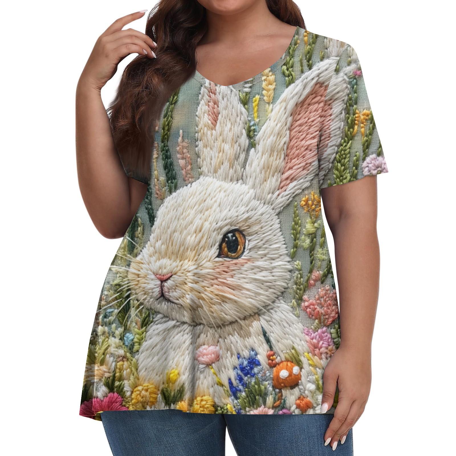 Women s Fashion Casual V-Neck Pullover Short Sleeve Large Size Easter Printed Top L