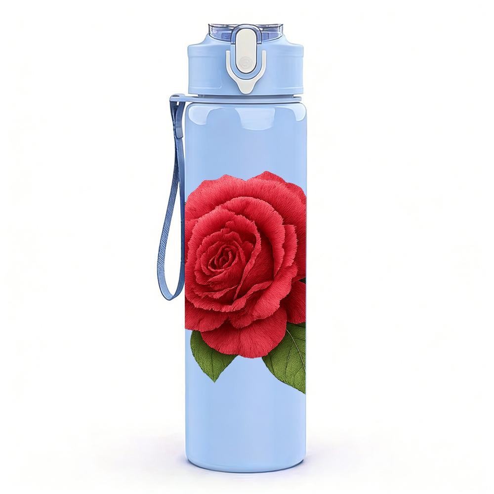 1PC Single Red Rose Bloom 750ml Color Plastic Sports Water Bottle Leakproof Flip Straw Lid For Sports Office Home Use