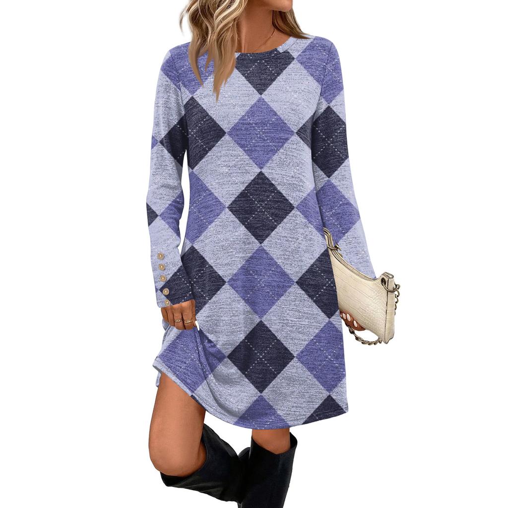 Damenmode Freizeitkleid mit Taschen, dekorativen Knöpfen, Rundhalsausschnitt und langen Ärmeln