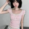 Sweet and Pure Style Color-Blocked Bow Ribbon Design Lace-Trimmed Puff Sleeve T-Shirt Playful Slim-Fit Short Top
