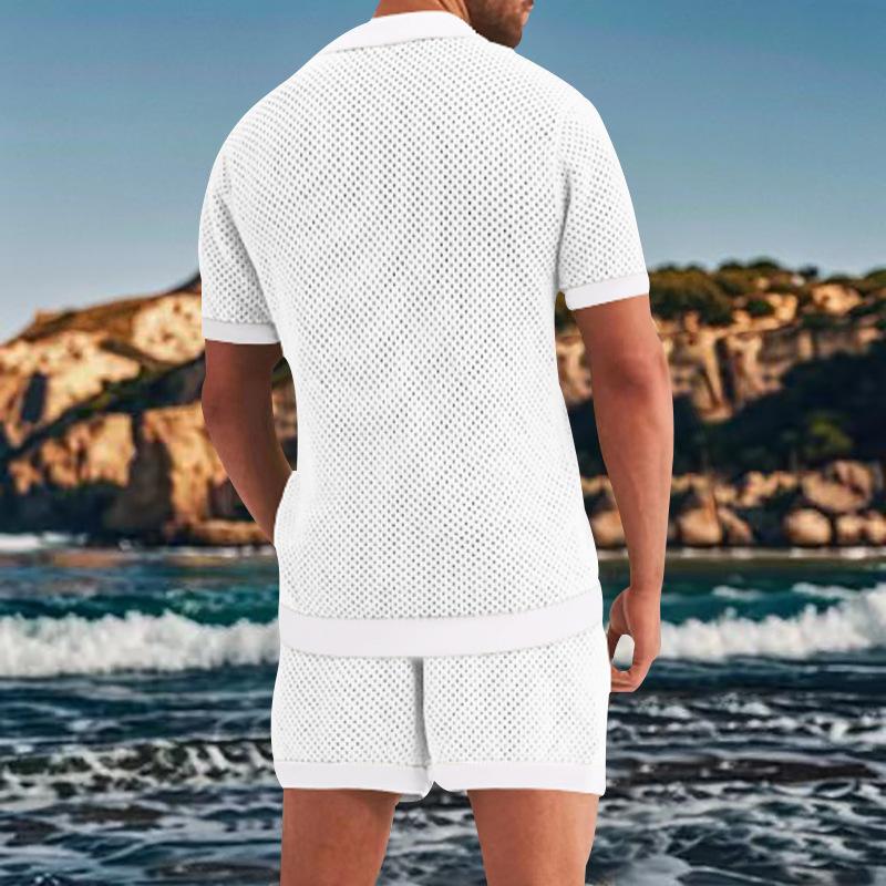 2-Piece Outfit for Men Summer Breathable Mesh Lapel Collar T-Shirt and Shorts Sets Cool Sexy Hollow Fabric Design Beach Clothing
