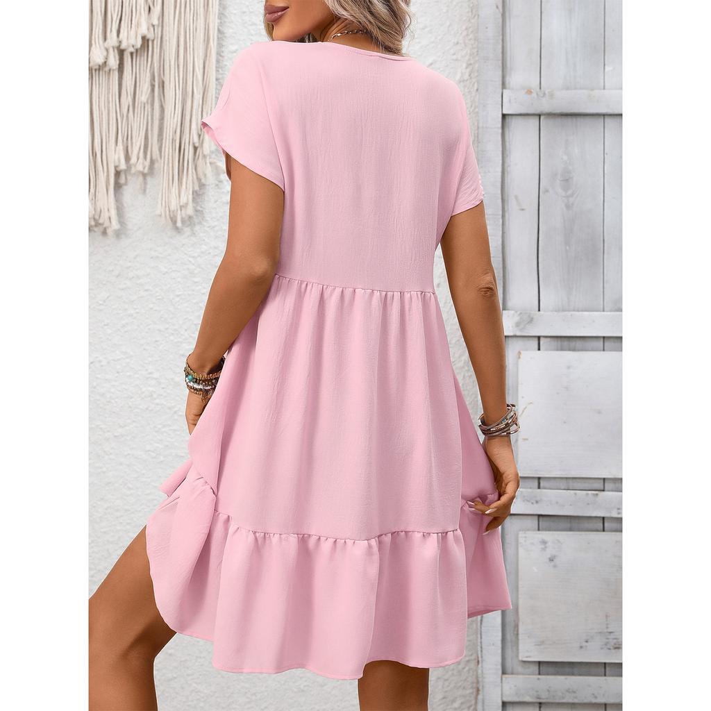 Women's Fashionable Color V-neck Short Sleeved Ruffled Holiday Loose Dress