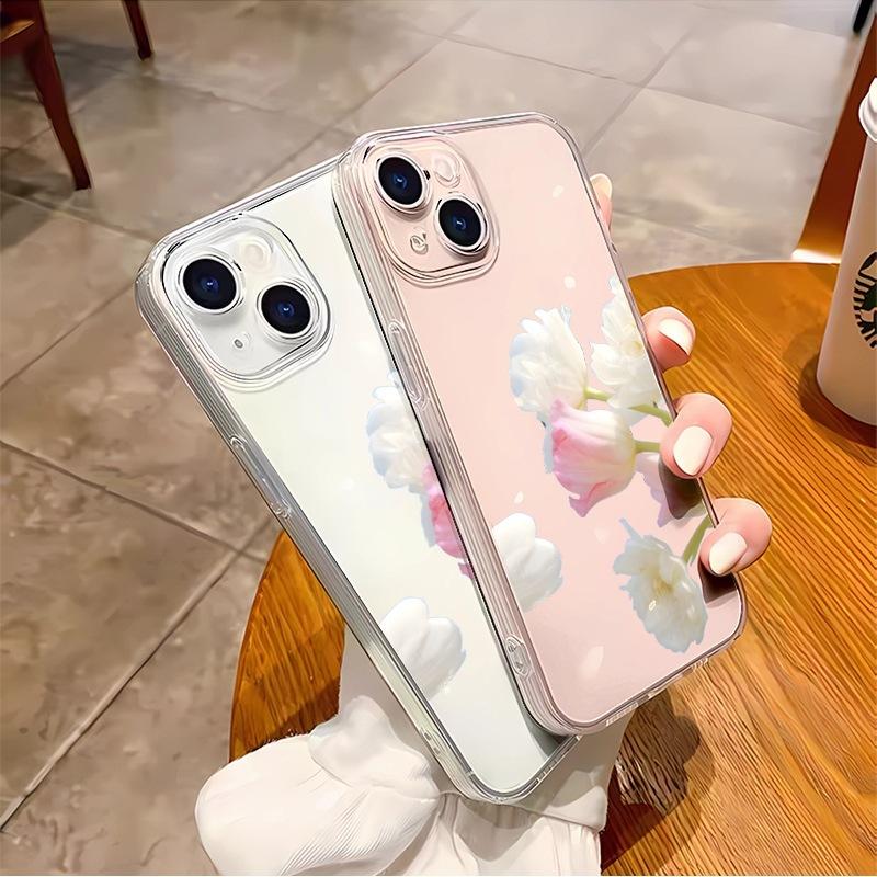 Simple pink and white tulip Apple 17pm mobile phone case anti-drop protective case iPhone15pm transparent soft case light and thin