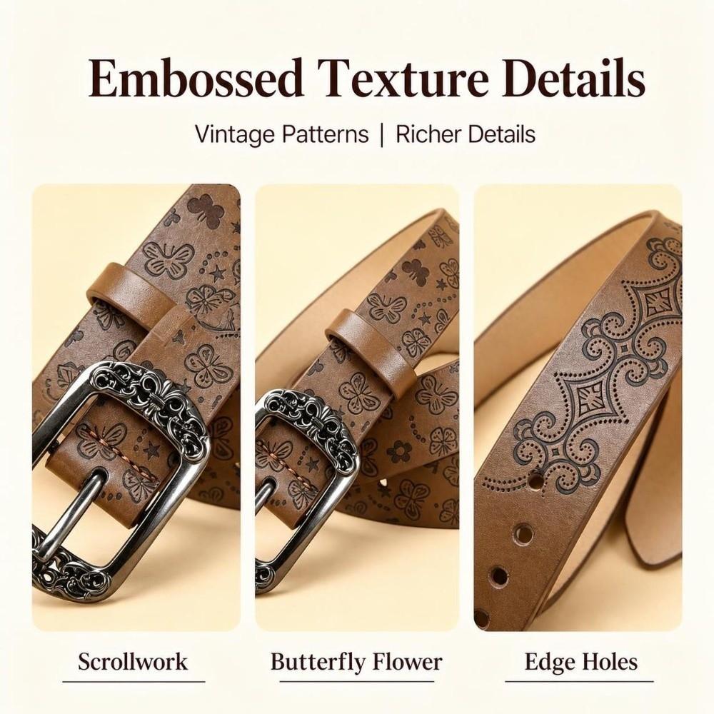 Carved PU Leather Belt Alloy Pin Buckle Decorative Belt Fashion Adjustable Belt  Daily Outfit
