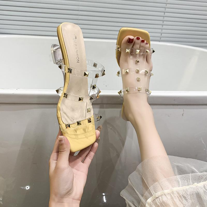 Fashion Transparent Band High Heel Slippers Women 2025 New Rivet Design Square Toe Slides Female Summer Fashion Thick Sole Sandal Mujer