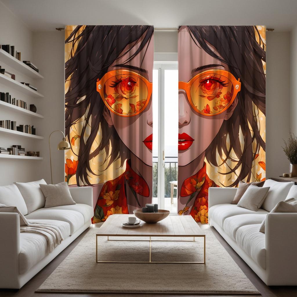 2 stycken HD tecknad flicka bär solglasögon dekorativ gardin Gul digitaltryckt gardin heminredningsstil dekoration