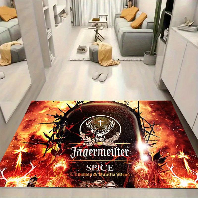 Tappeto Area Stampata Sfondo Fiamma Fuoco Logo Cervo Jagermeister Tappeto Decorazione Tappeto Pavimento Rettangolare Antiscivolo Marca Liquori Bar Stanza Giochi Man Cave