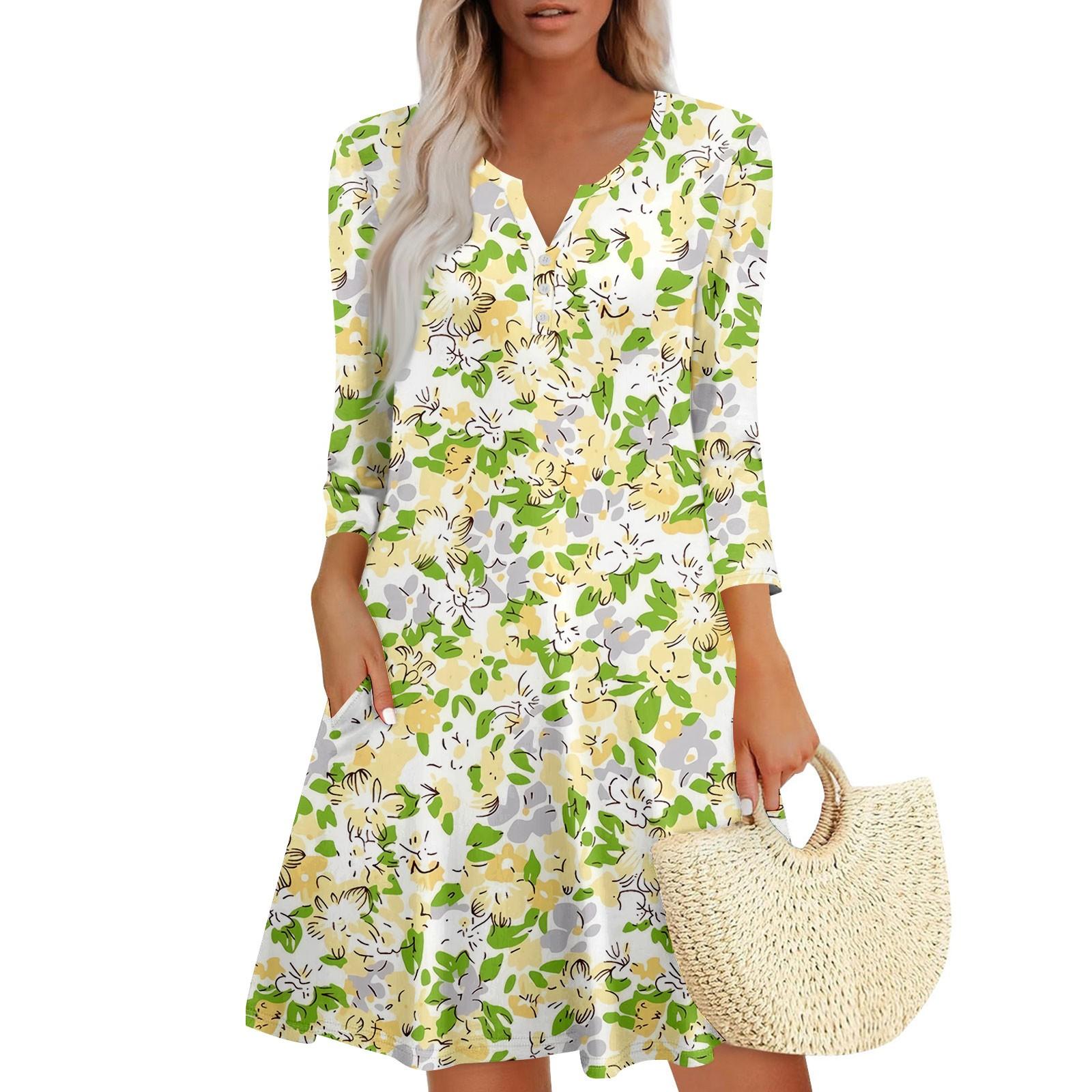 

Женское летнее платье, свободное платье с V-образным вырезом, рукавом три четверти и карманами XL жёлтый