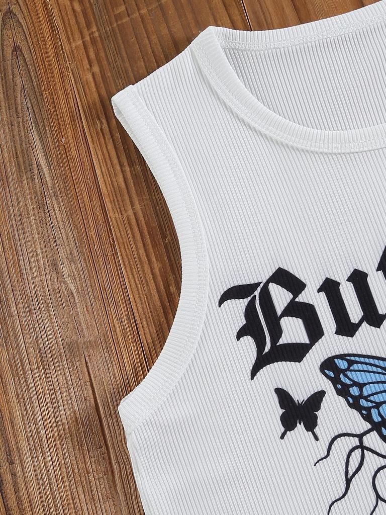 Two-piece girls' outdoor casual vacation set: sleeveless cropped tank top with butterfly design and comfortable, simple lace denim shorts.