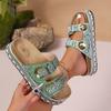 2025 Foreign Trade New Casual Hemp Rope Thick-soled Slippers Women's Summer Double Belt Buckle Rhinestone Beach Drag Large Size Slippers