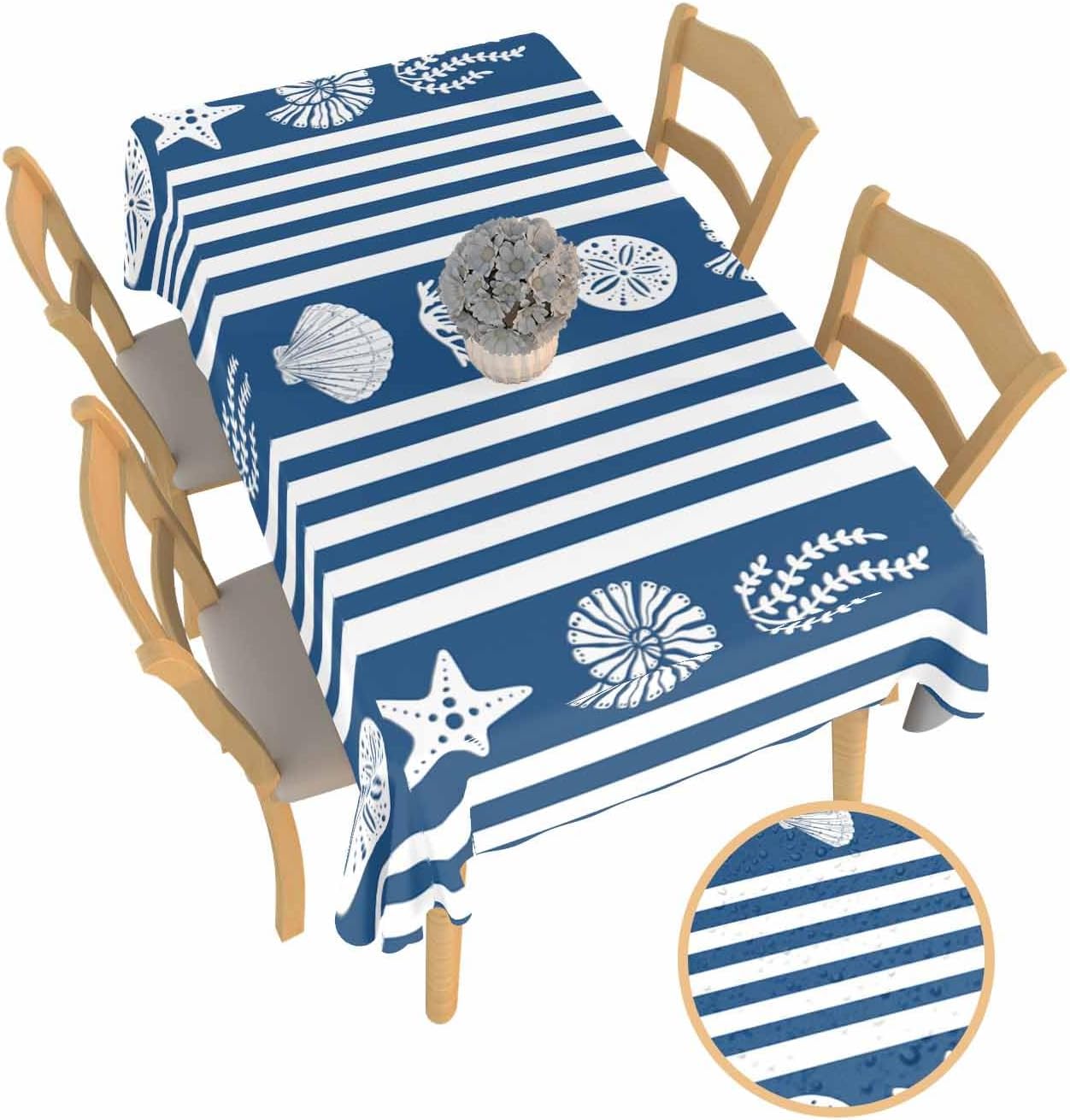 Zomer Zeester Schelp Koraal Blauwe Strepen Tafelkleed voor Tafeldecoratie Herbruikbaar Keuken Eettafelkleed Bruiloft Paraty Decoratie 140x240cm