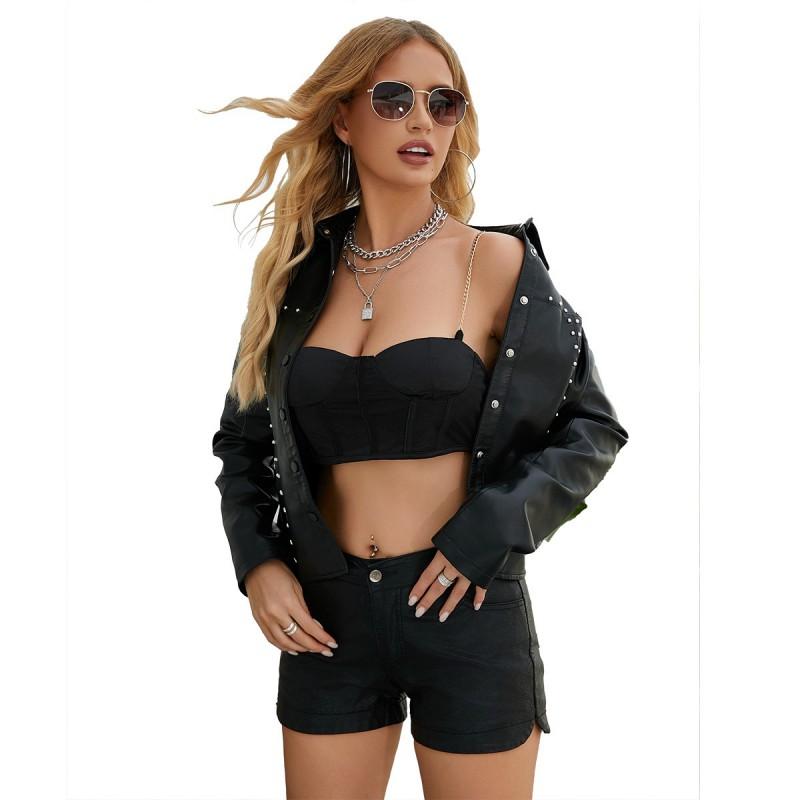 Womens PU Leather Biker Jacket With Rivets Stand Collar Single Button Lightweight Streetwear Outerwear