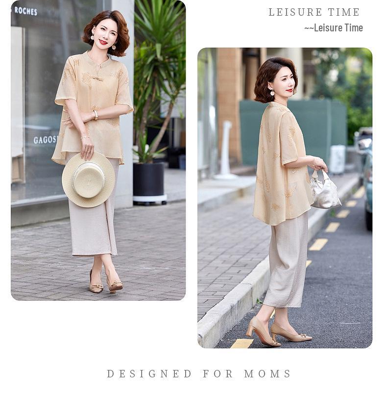 Mother's 2025 Summer Set: Stylish National Style Loose T-shirt & Small Shirt Two-Piece for Middle-Aged and Elderly Women.