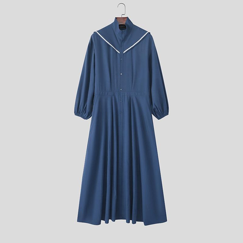 INCERUN Men Stand Neck Long Sleeve Button Up Casual Pleated Long Shirts Tops