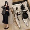 Fashion 2025 New Women Baotou Patent Leather One Line Buckle Strap Cat Heel Sandals Female Sexy Black Silk Pointed Thin Heel Flat Shoes