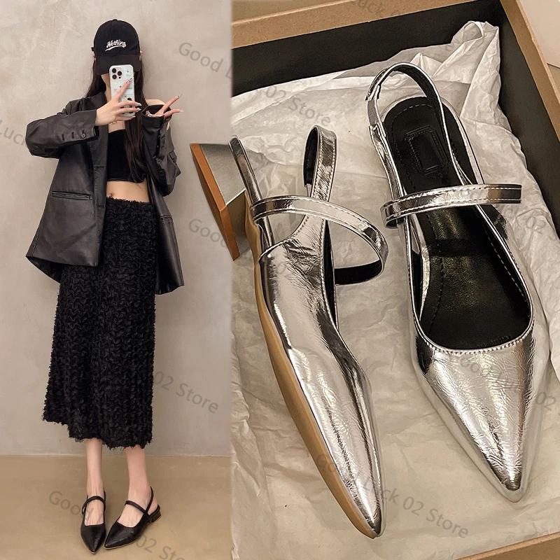 Fashion 2025 New Women Baotou Patent Leather One Line Buckle Strap Cat Heel Sandals Female Sexy Black Silk Pointed Thin Heel Flat Shoes