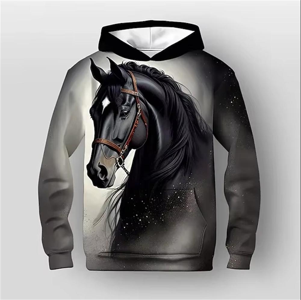 Kinderkleidung Jungen Hoodies Langarm Kreativer 3D Pferde-Druck Kinder Frühling Herbst Kleidung Lässig Stilvoll Outdoor Jungen Kleidung Oberteil