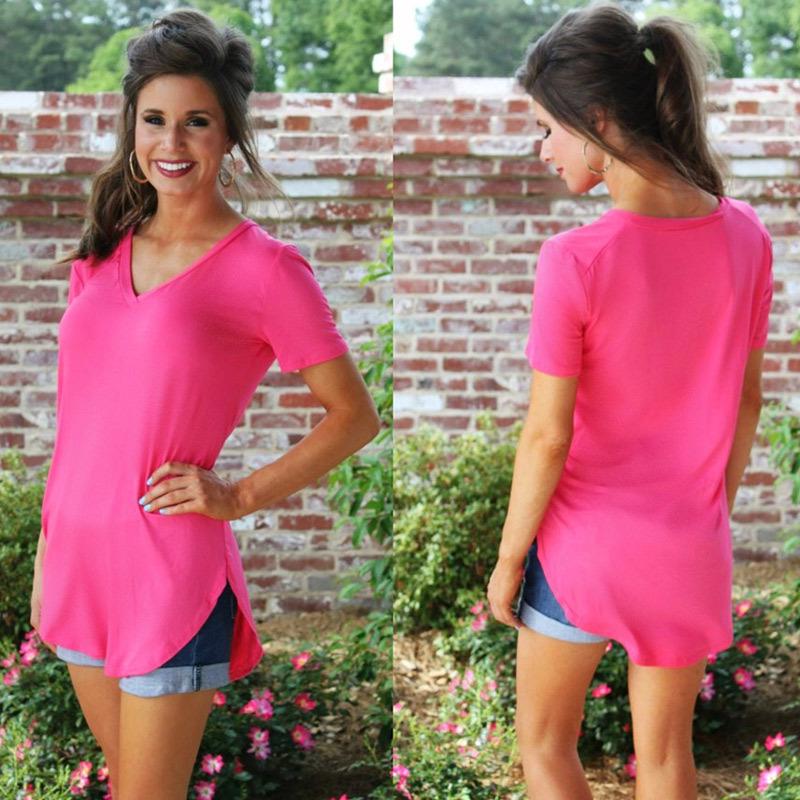 Women's Loose T-Shirt, V-Neck, Plus Size, Split Short Sleeve, Curved Hem