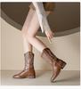 Cowhide Version~ Retro Embroidered Thread Leather Western Cowboy Boots Women's Autumn Pointed Thick Heel Sleeve Versatile Knight Boots Women