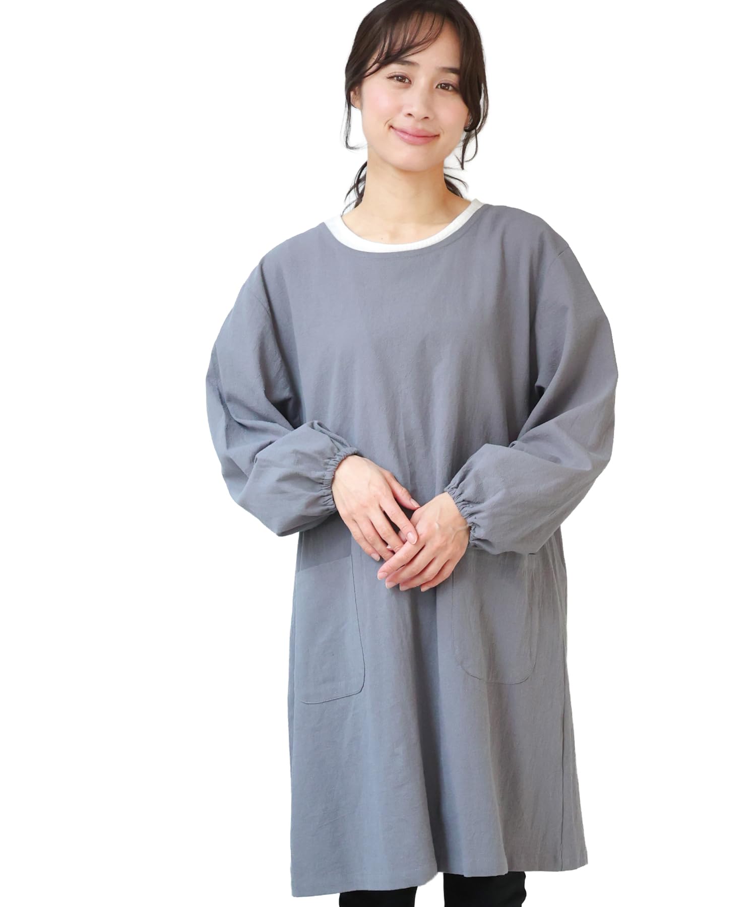 [ON NISHIKI] Women s Stylish and Cute Apron (Kappogi) - 100% Cotton, Gentle on Skin, Long Length, Back Opening, Pockets, Sleeved Apron (Gray Plain: 2/